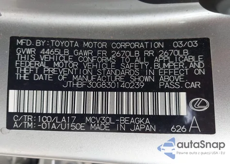 2003 Lexus Es 300 из США, поврежденный, VIN JTHBF30G830140239